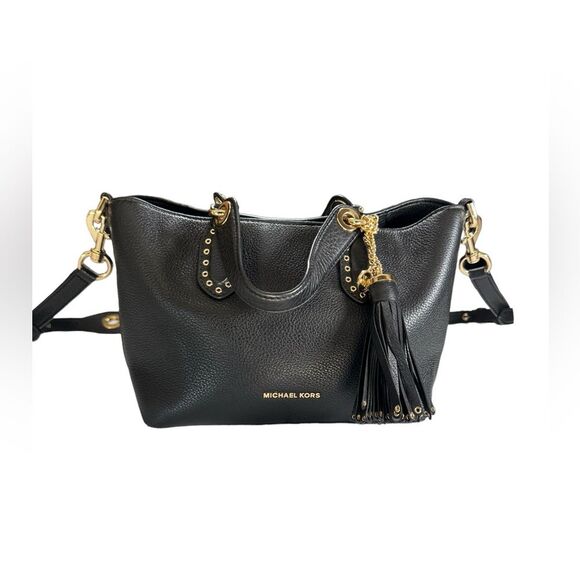 Michael Kors Black Pebbled Leather Brooklyn Satchel Purse With Strap Tassel Gold - Picture 1 of 15